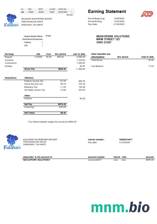 USA Ohio Kalahari Waterpark Resort rachunek za usługi komunalne szablon w formacie Word i PDF